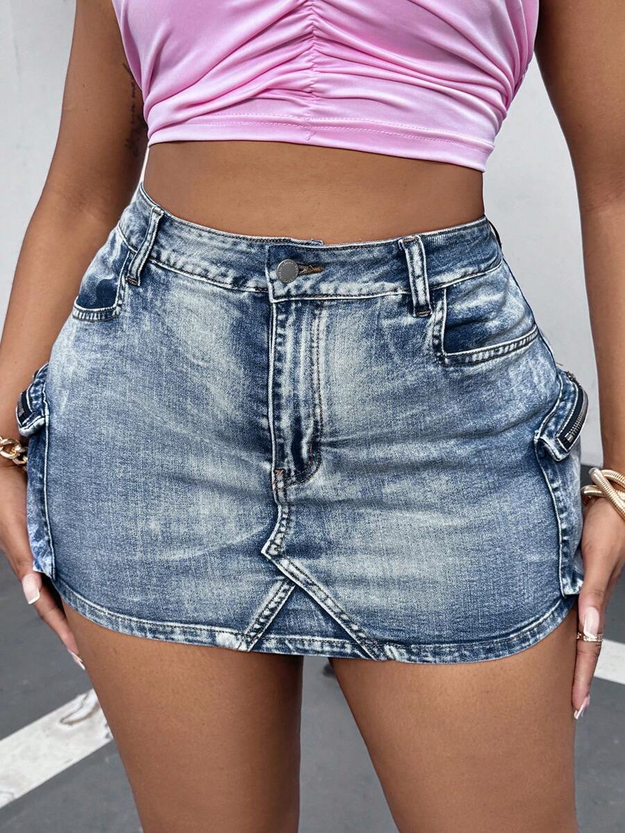 Dripcurv Plus Size Women's Denim Skirt, Sexy Stretchy Bodycon Skirt With Utility Pockets, Blue