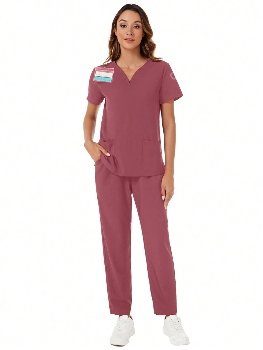 V-Neck Pocket Short Sleeve Top And Pocket Pants Scrub Uniform Set