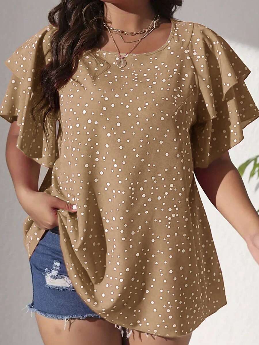 Celure Plus Size Vacation Casual Polka Dot Printed Ruffle Hem Shirt
