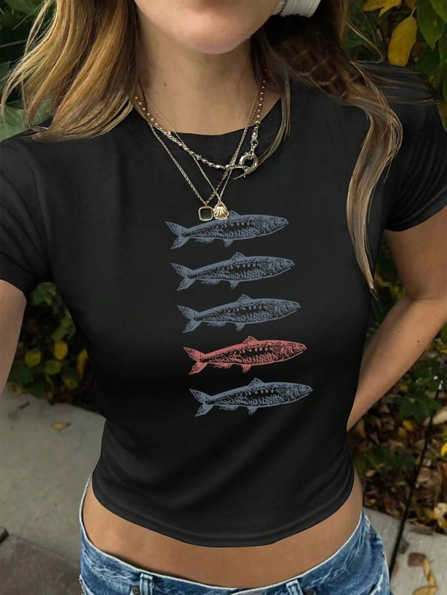 INAWLY Y2K Style Fish Print Women Summer Casual Short Sleeve T-Shirt With Round Neck