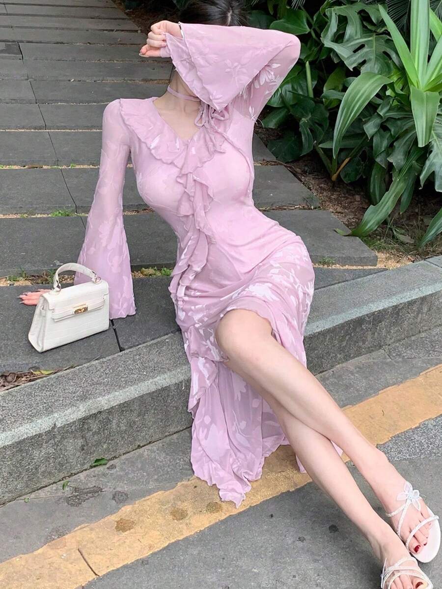 DAZY Flocked Raised Pattern V-Neck Long Sleeve Dress For Women, Autumn Sexy High Slit Dress,Ruffle