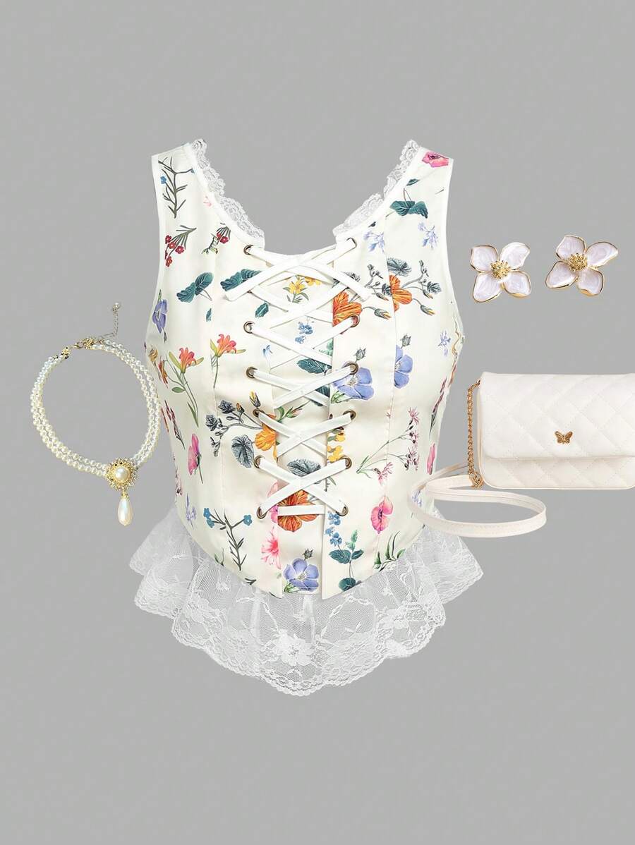 Tank Top in Form eines Fischgrätenmusters mit zierlicher Blumenmuster für Teenager-Mädchen im Urlaub