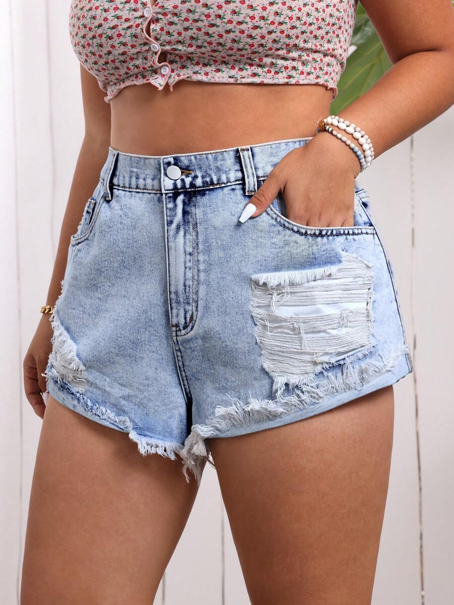 Breezaya Shorts en denim décontracté et déchiré pour le vacances en grande taille avec bord frangé