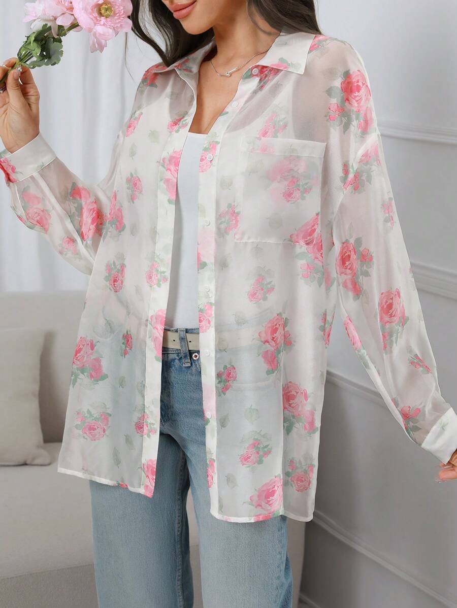 Mulvari Camisa de estilo vacacional para mujer con estampado floral de manga larga