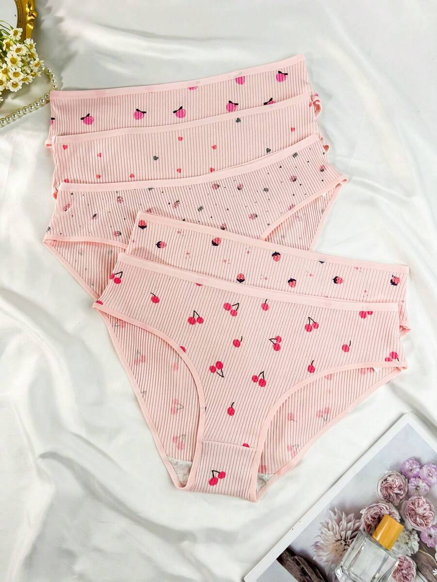 5 piezas de bragas de talla grande con estampados de cereza, fresa, corazón y durazno