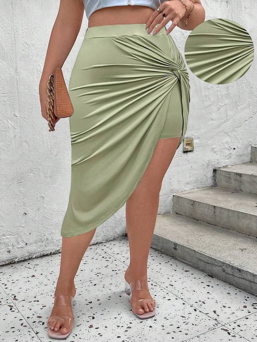 Celure Plus Size Summer Fashion Solid Color Twisted Asymmetric Hem Bodycon Skirt