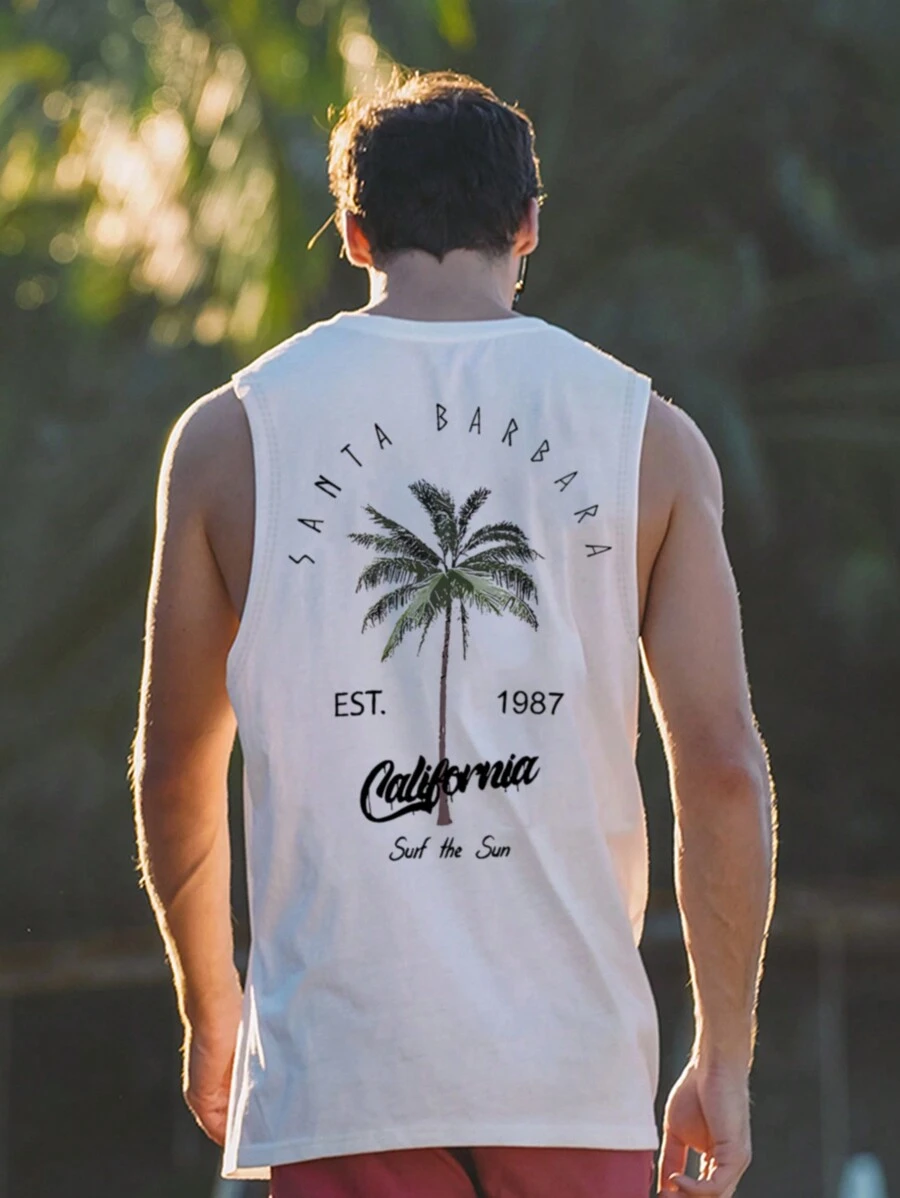 Camiseta de tirantes casual de cuello redondo con estampado de letras y palmeras para hombres en verano