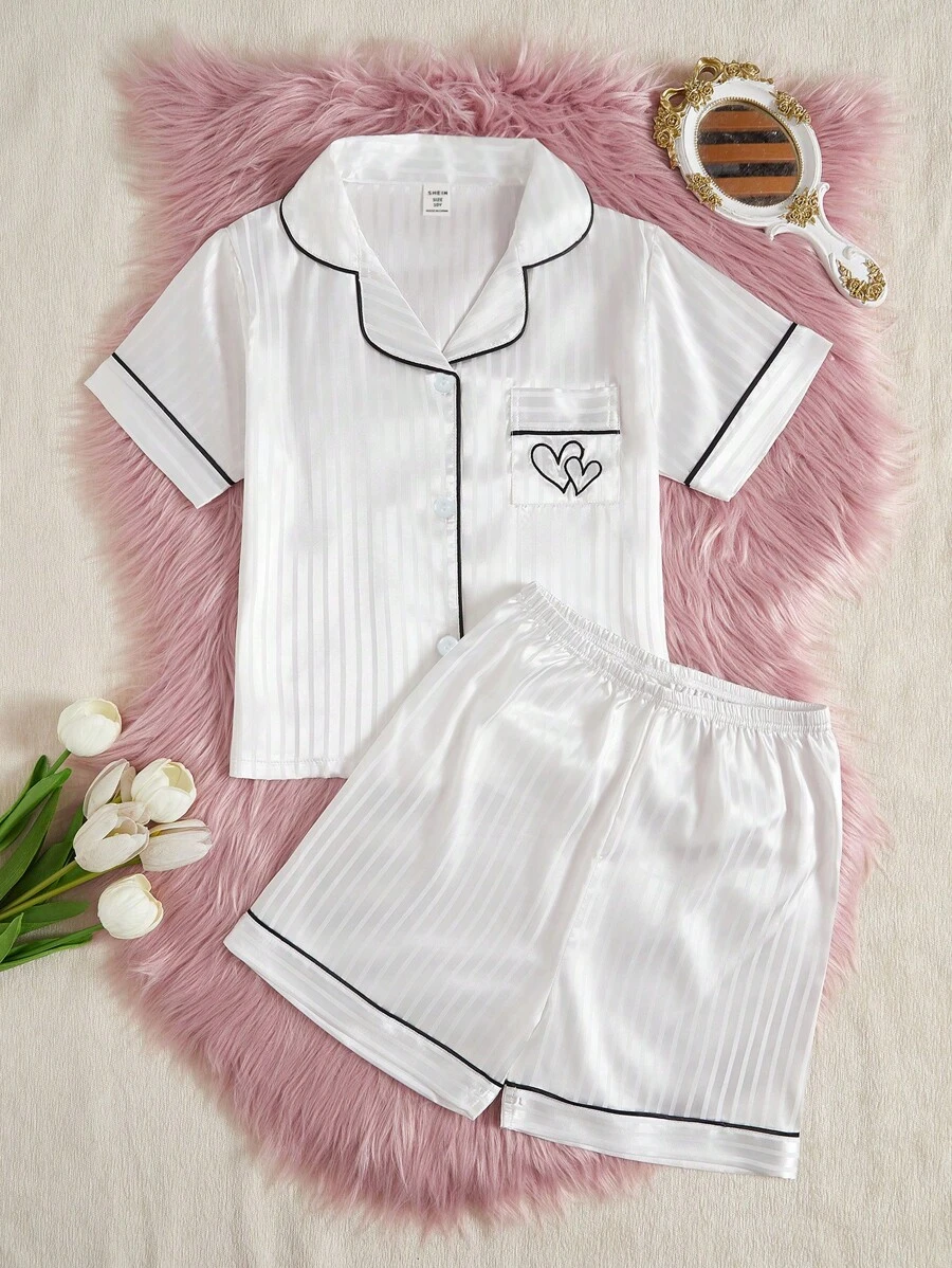SHEIN Conjunto de pijama de 2 piezas con chaqueta de punto de manga corta a rayas y shorts para niñas