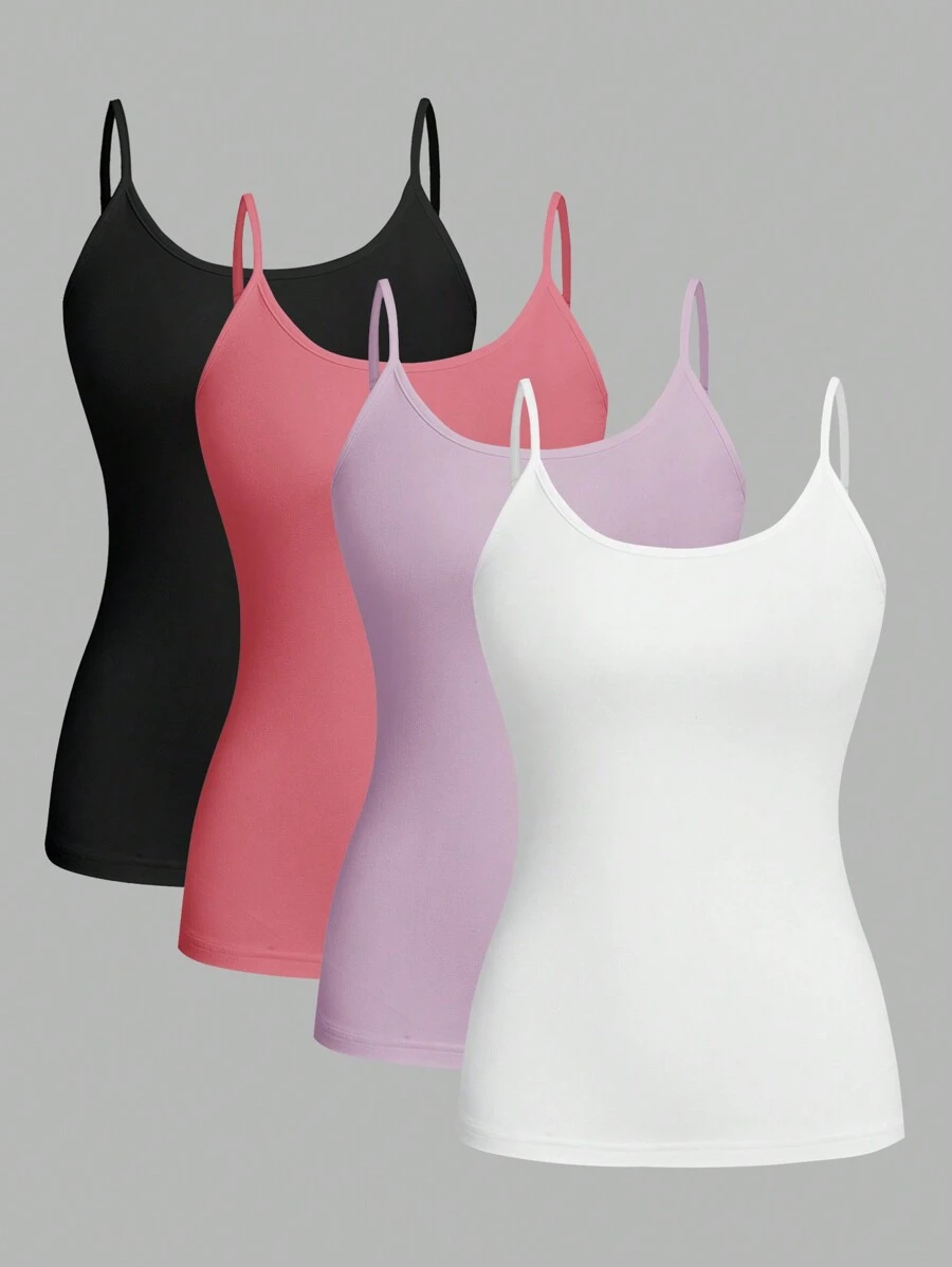 SHEIN EZwear 4pcs Casual & Simple Spaghetti Strap Tight Fit Women Summer Cami Top