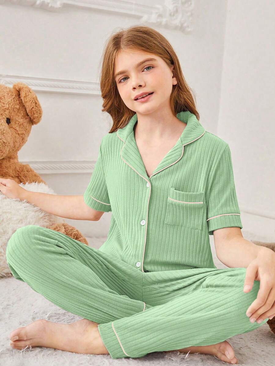 Tween Girl, cu dungi verzi, top cu mânecă scurtă și pantaloni lungi, set casual din două piese, cu buzunare, îmbrăcăminte de relaxare