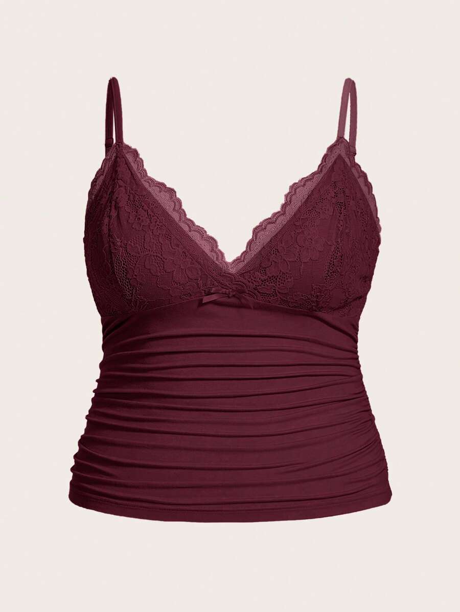 SHEIN ICON Plus Size Women's Summer Solid Color Contrast Lace Pleated Slim Fit Camisole Top