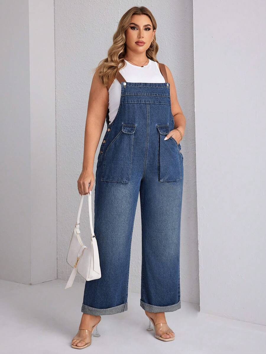 SHEIN Essnce Women's Plus Size Simple Daily Wear Solid Color Denim Overall