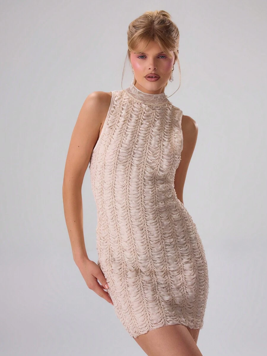 MUSERA Textured Woven High Neck Mini Dress Spring Sexy Cute Summer