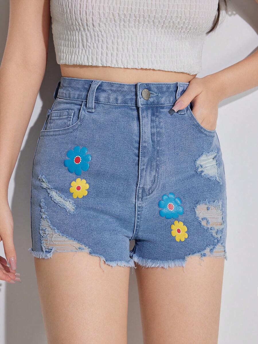 SHEIN Teen Girl Frayed Ripped Flower Pattern Tight Stretch Denim Shorts