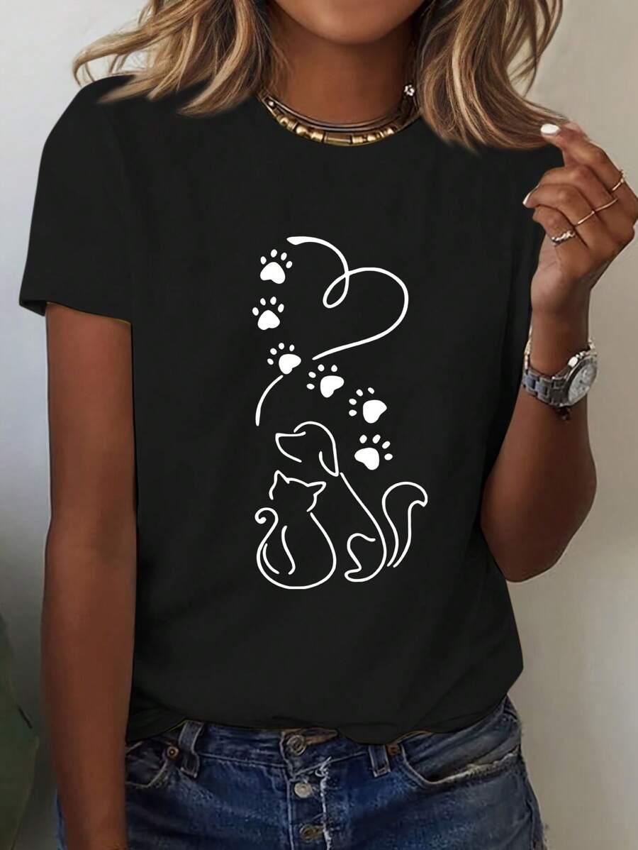 INAWLY Camiseta de animales, camiseta con estampado de patitas de perro y gato, camiseta con diseño de corazón de perro y gato, camiseta del día de San Valentín, camiseta regalo para propietarios de gatos, regalo para amantes de gatos y perros, top de verano, camiseta de manga corta y cuello redondo para mujer, camisetas gráficas casuales para mujer