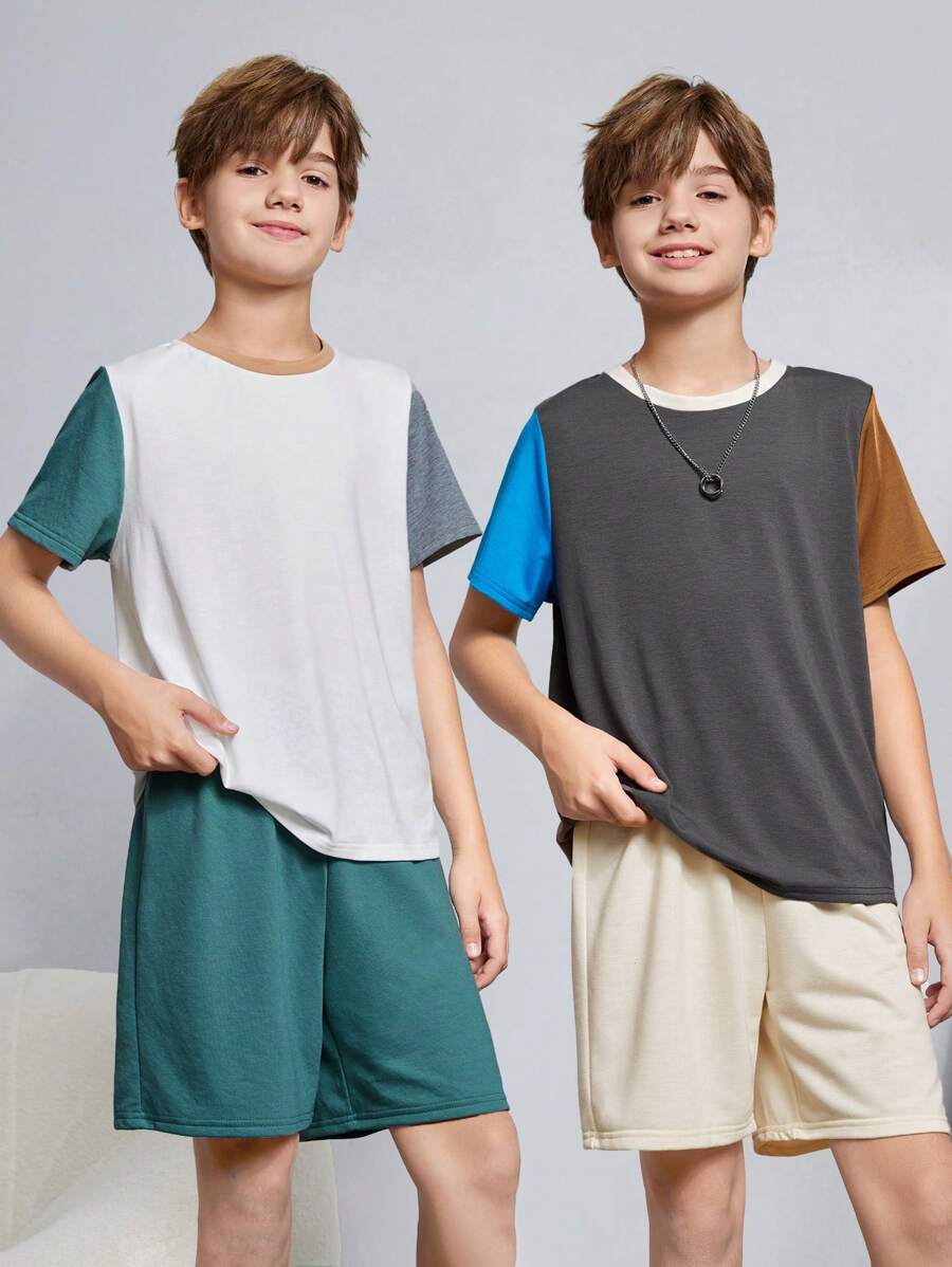 Conjunto de 4 piezas para niño preadolescente con bloque de color casual, camiseta de manga corta y shorts para verano