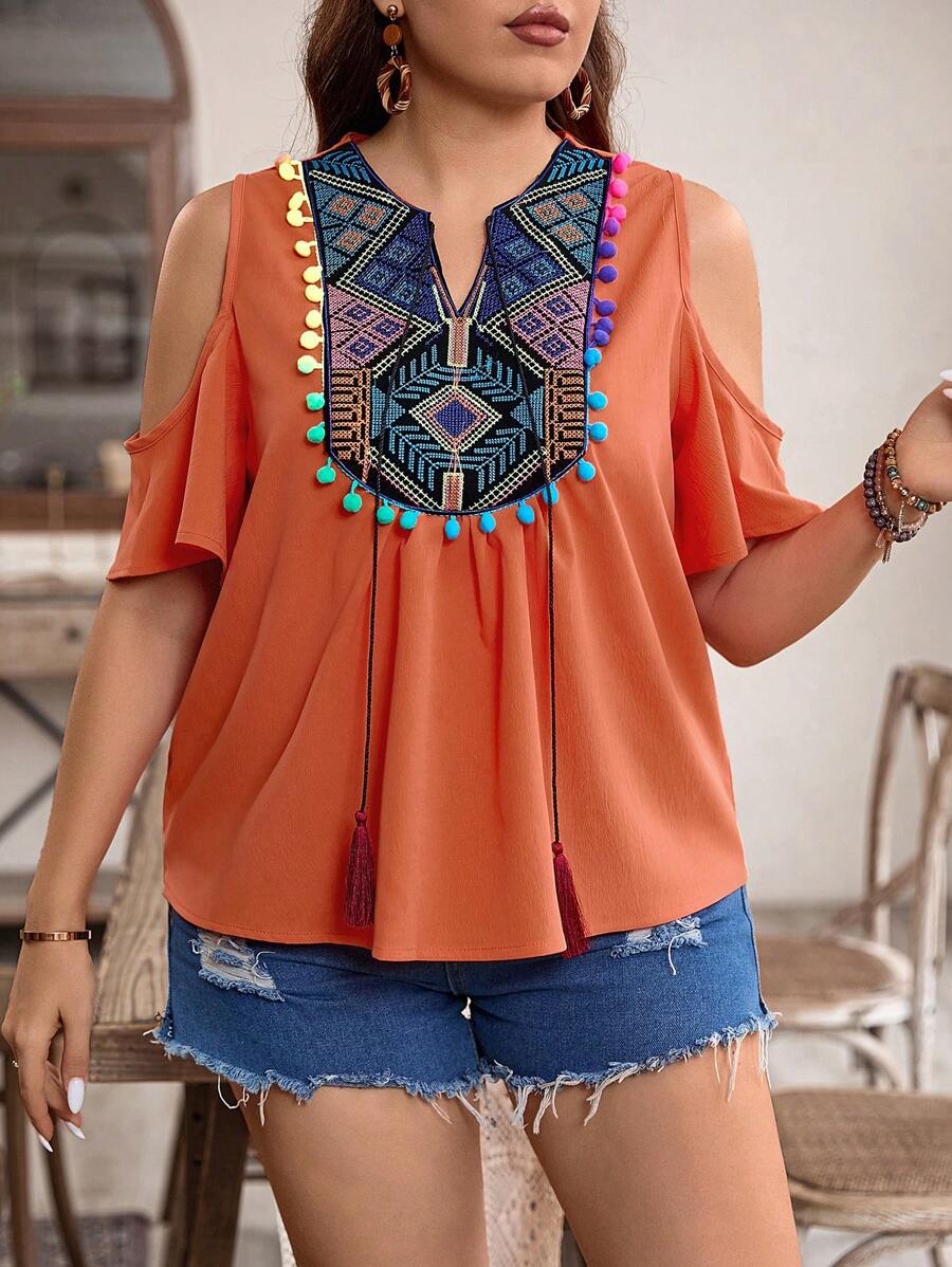 Breezaya Plus Size Women's Stylish Open Shoulder Shirt With Colorful Print And Pom Pom Decor