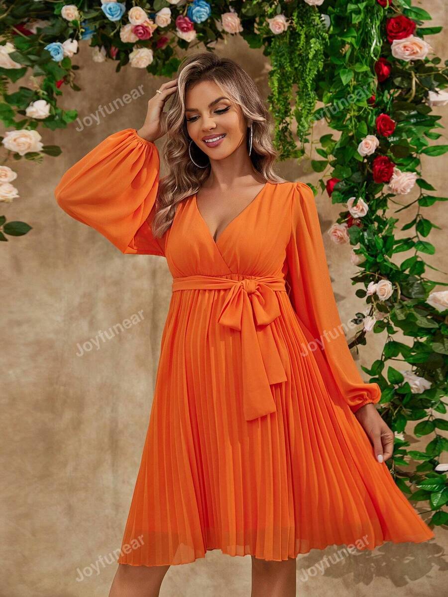 Joyfunear Lantern Sleeve Deep V-Neck Tie Waist Pleated Maternity Elegant Dress, For Party