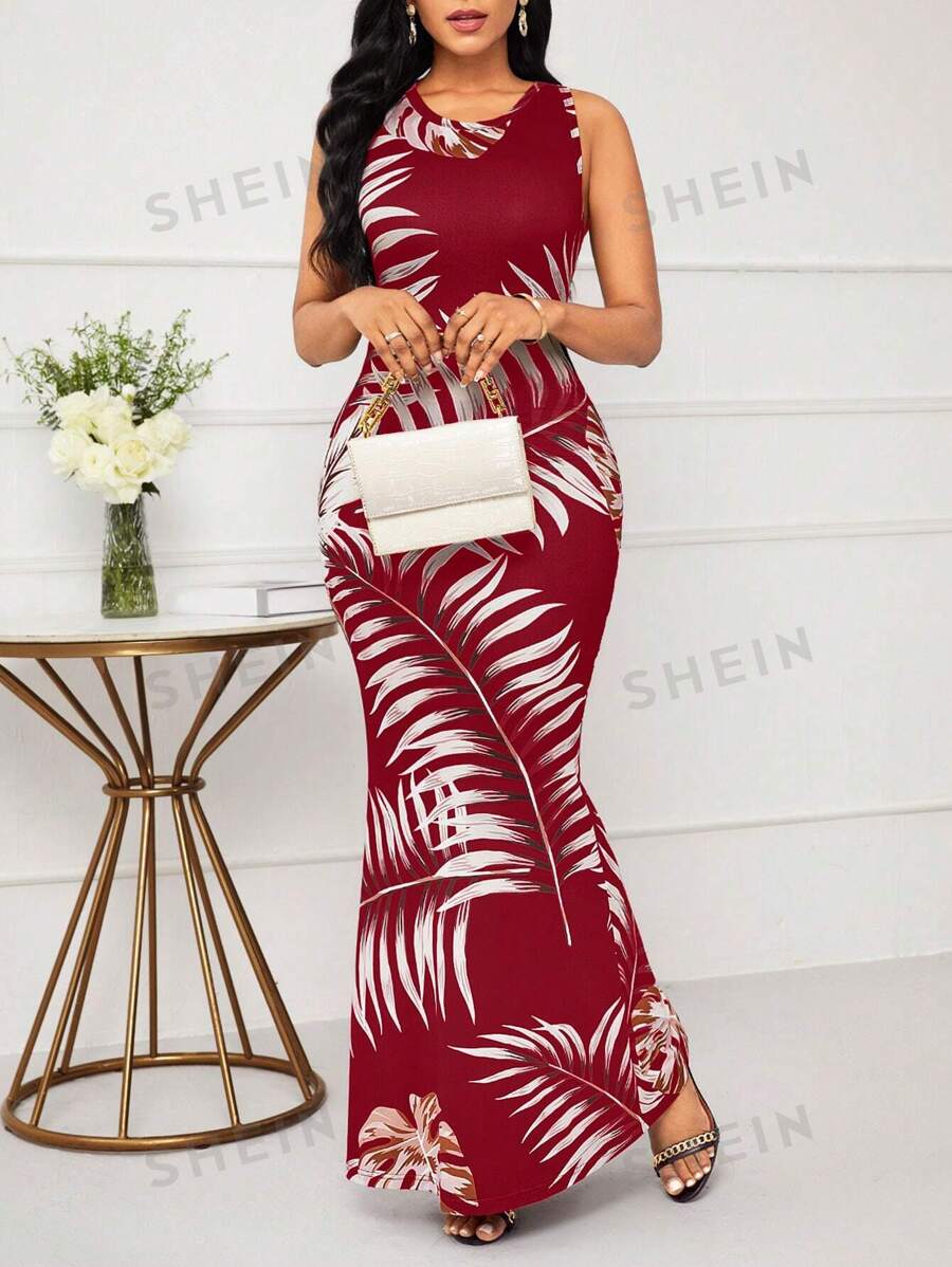 SHEIN Lady Vestido ajustado de fiesta de Navidad con estampado de plantas de vacaciones