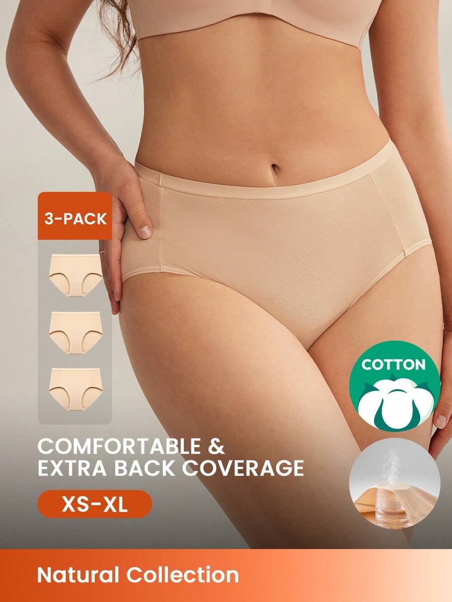LUVLETTE paquete de 3 bragas básicas de algodón transpirable de tiro alto para mujer - Todo color piel
