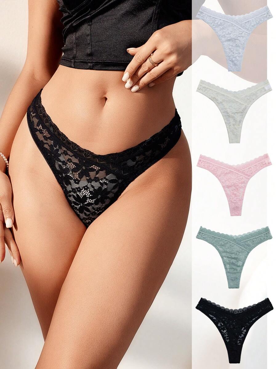 Shein Underwear&Sleepwear Basics 5 Stücke Frauen Spitze Tanga Einfarbig, sexy Dessous