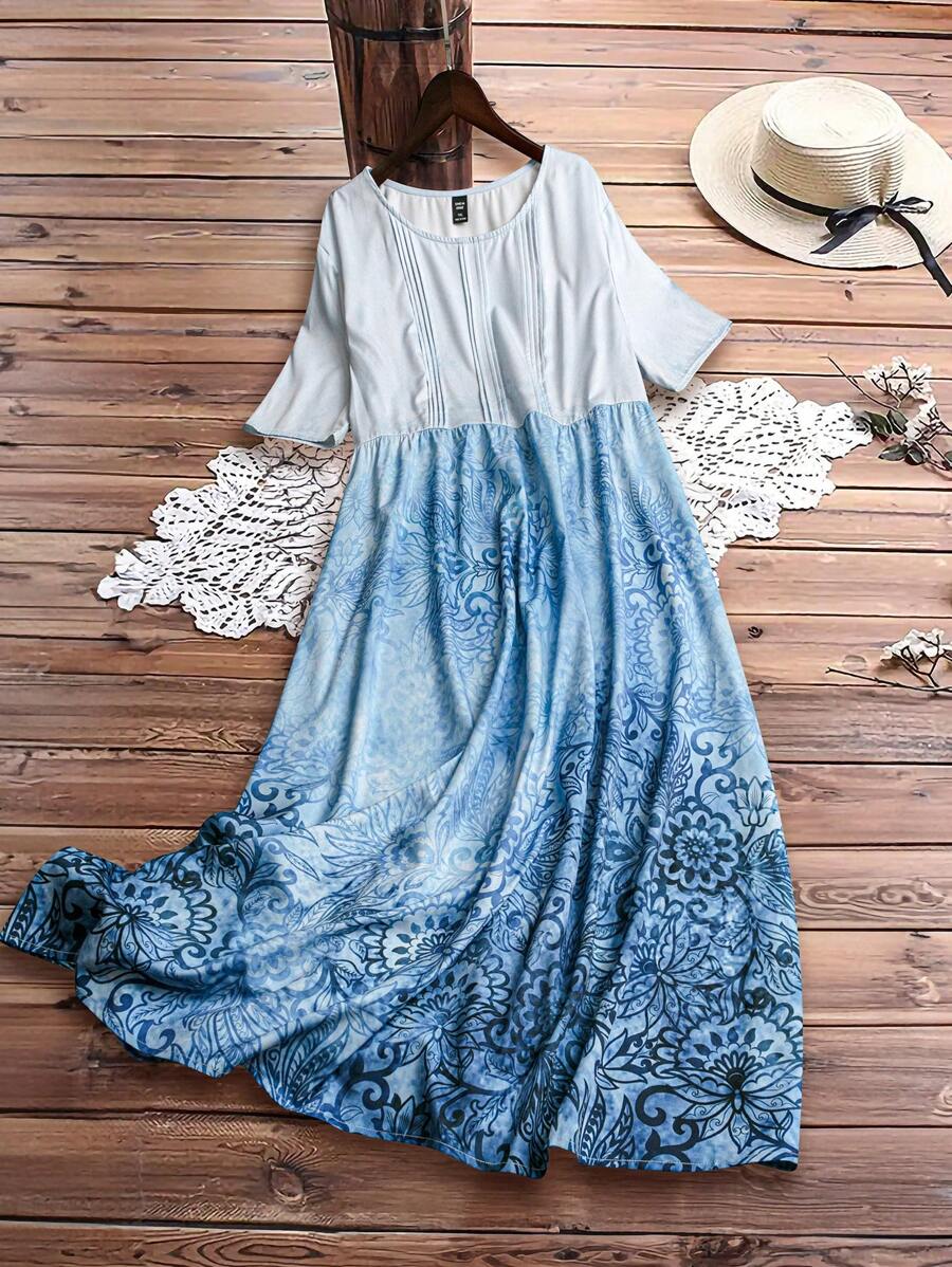 EMERY ROSE Plus Size Summer Contrast Floral Short Sleeve Dress