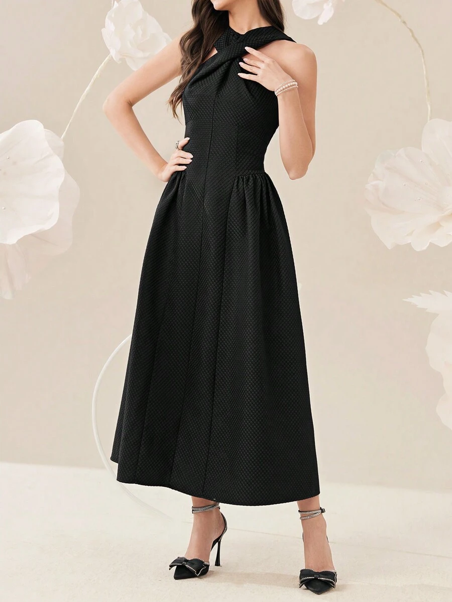 Modelyn Women's Summer Solid Color Cross Twist Knee-Length Sleeveless Elegant Dress