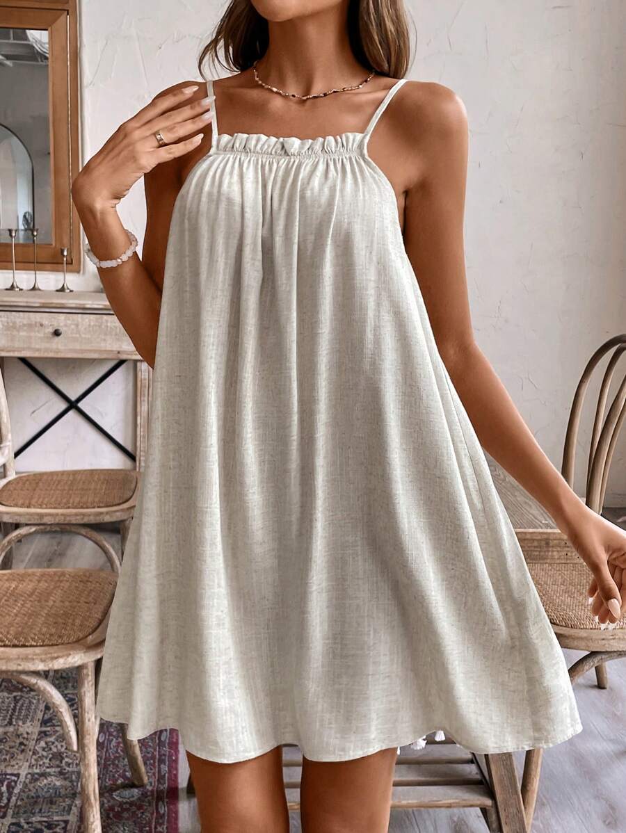 SHEIN Frenchy Lniana luźna sukienka na ramiączkach typu spaghetti, wzór bez pleców, regulowany krawat, jednolity kolor, wygodna i oddychająca, odpowiednia na letnie wakacje i do noszenia na co dzień