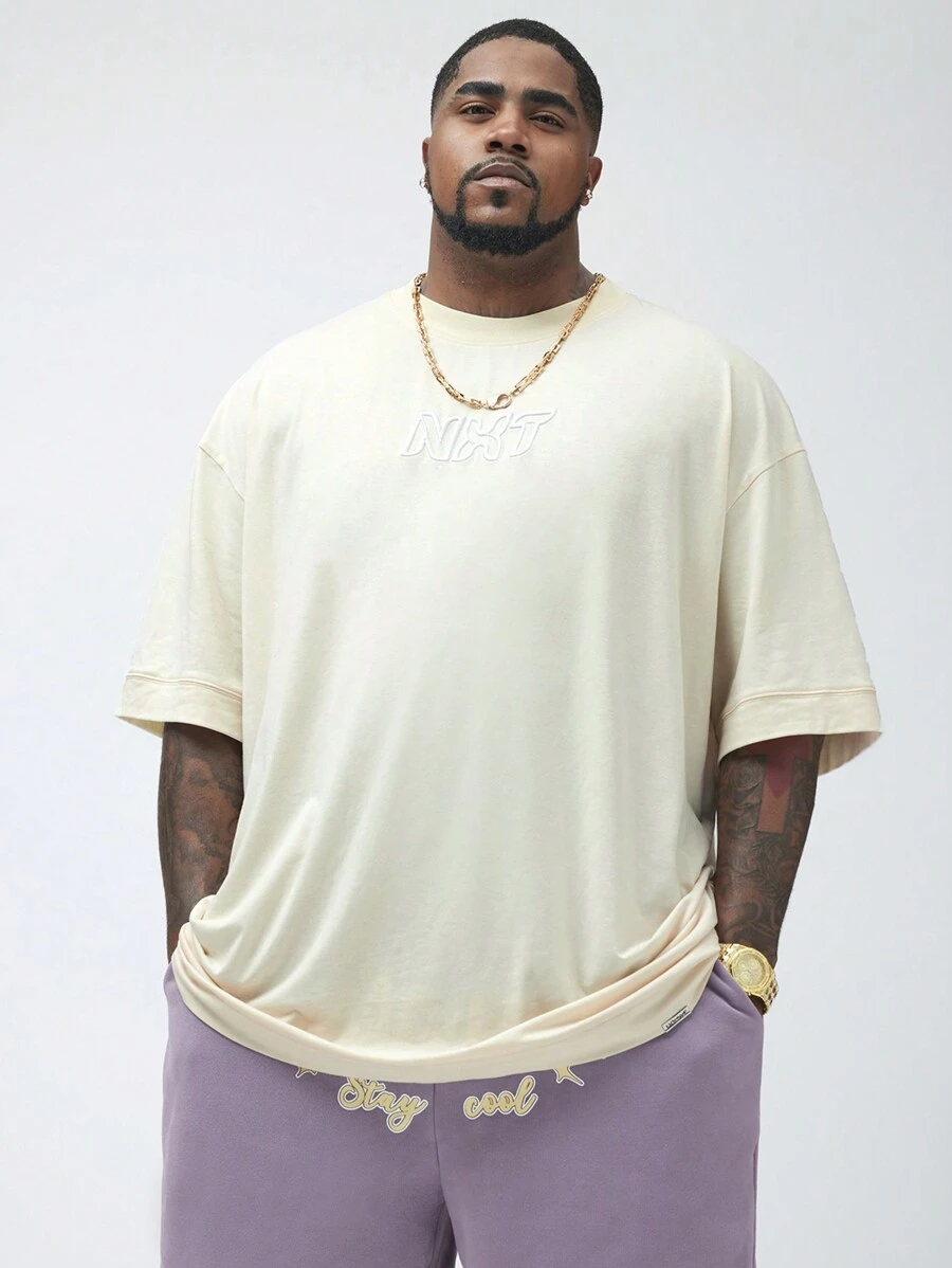 Manfinity VCAY Manfinity NXTstreet Men's Plus Size Knitted Casual Loose Drop-Shoulder Round Neck Short Sleeve T-Shirt, Embroidery Craft, Suitable For Summer Daily Wear