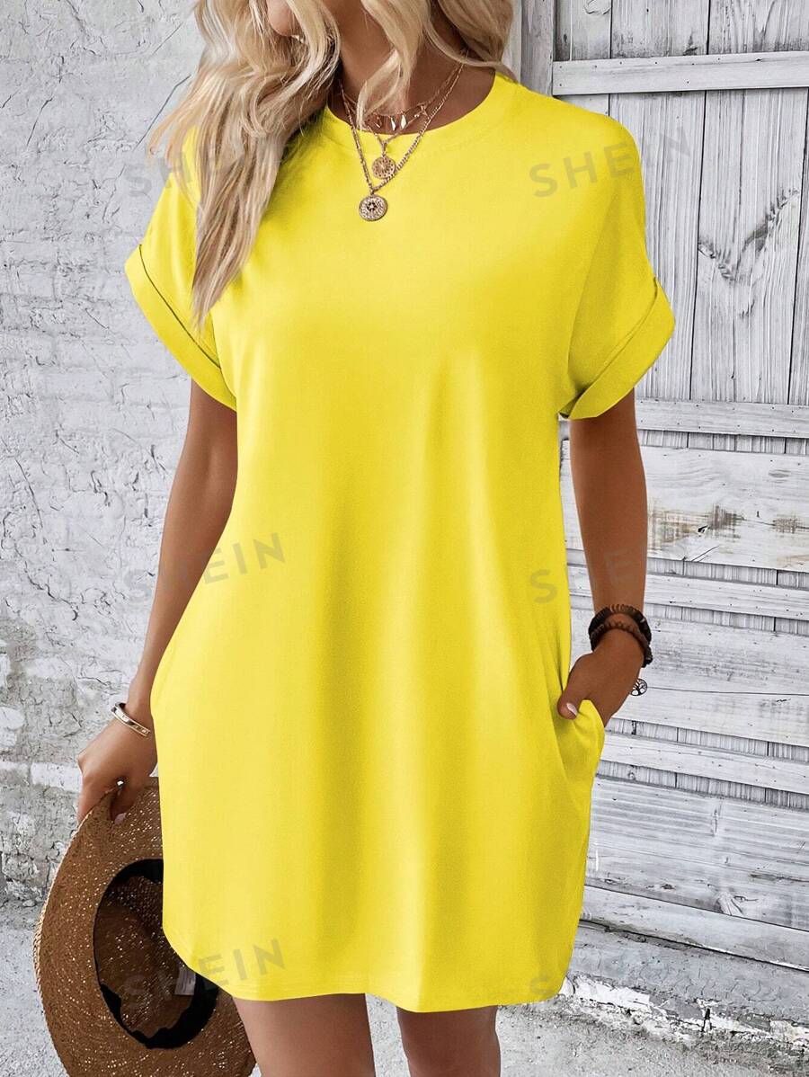 INAWLY Vestido de manga corta simple y unicolor para uso diario de mujer