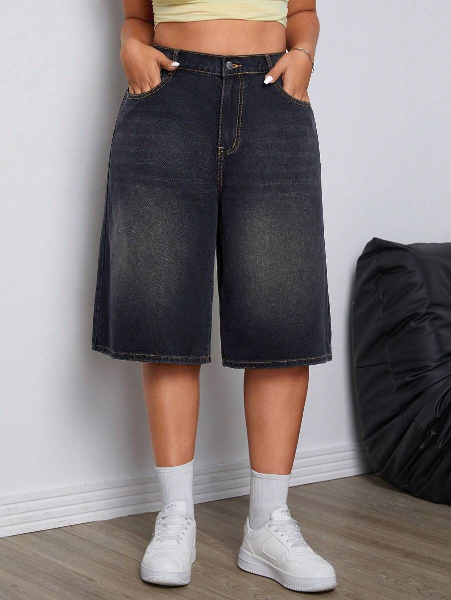 SHEIN EZwear Plus-Size Summer Casual Loose Washed Denim Pants