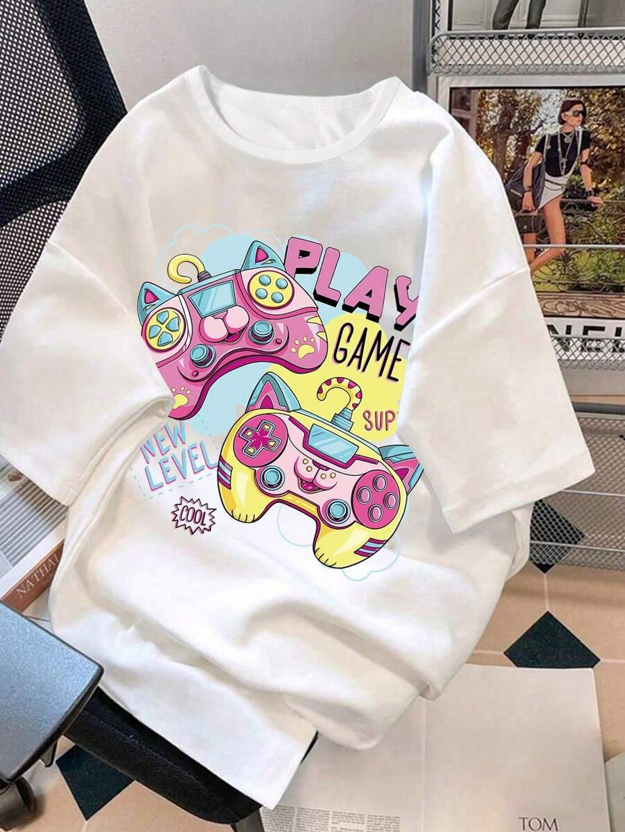 Camiseta Casual de Verão para Meninas Adolescentes com Estampa de Desenho Animado, Gola Redonda e Manga Curta