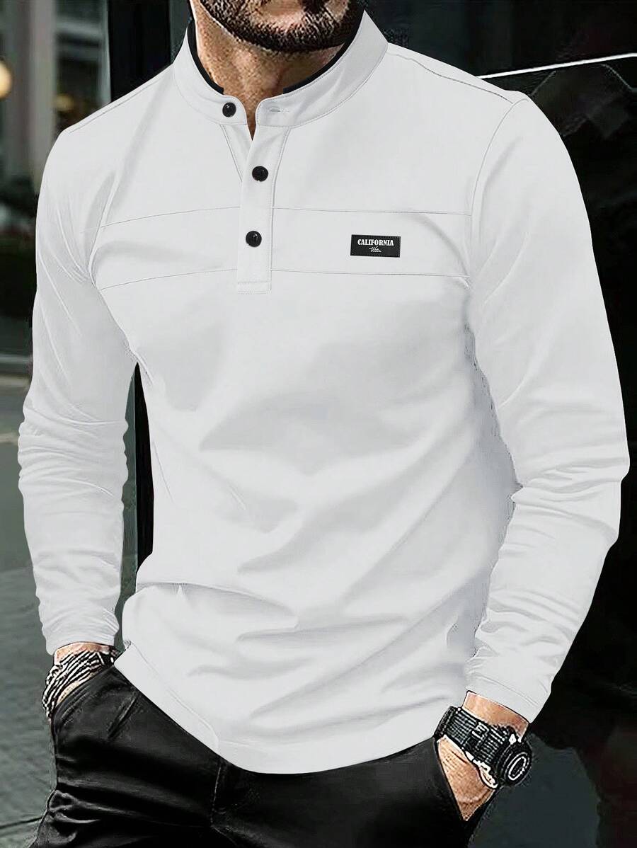 Manfinity Homme Camisa de polo de manga larga y con letras impresas para hombre, ideal para uso casual diario en primavera/verano