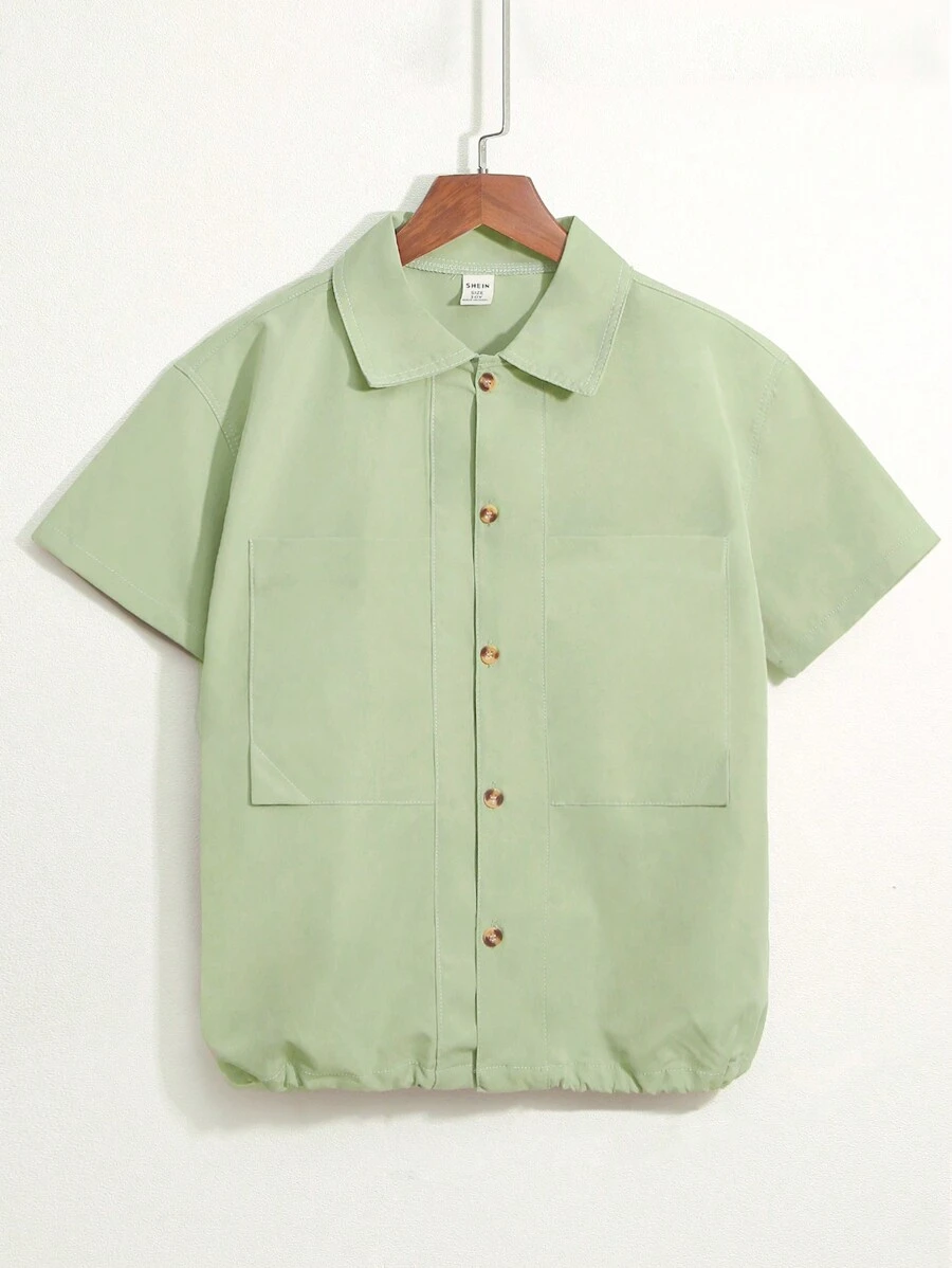 Camisa Casual de Manga Curta com Bolsos Grandes e Acabamento Ajustado para Meninos Adolescentes
