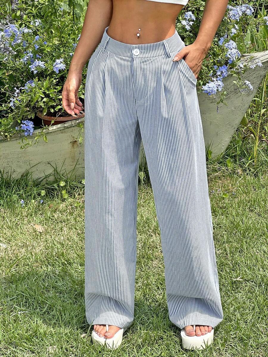 SHEIN EZwear Pantalones rectos con estampado de rayas y cremallera, para conjuntos de verano