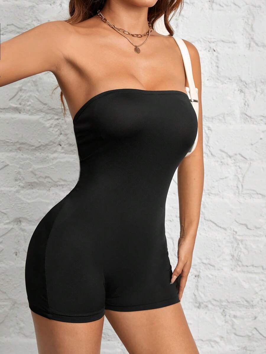 SHEIN PETITE Casual Simple Black Sleeveless Short Sexy Jumpsuit Women's Unitard Suitable For Summer