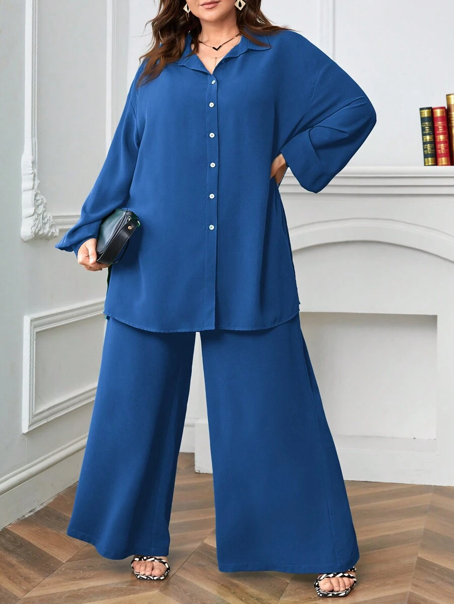 SHEIN LUNE Plus Size Spring/Summer/Autumn Loose Fit Long Sleeve Shirt And Wide-Leg Pants 2-Piece Set For Autumn & Winter