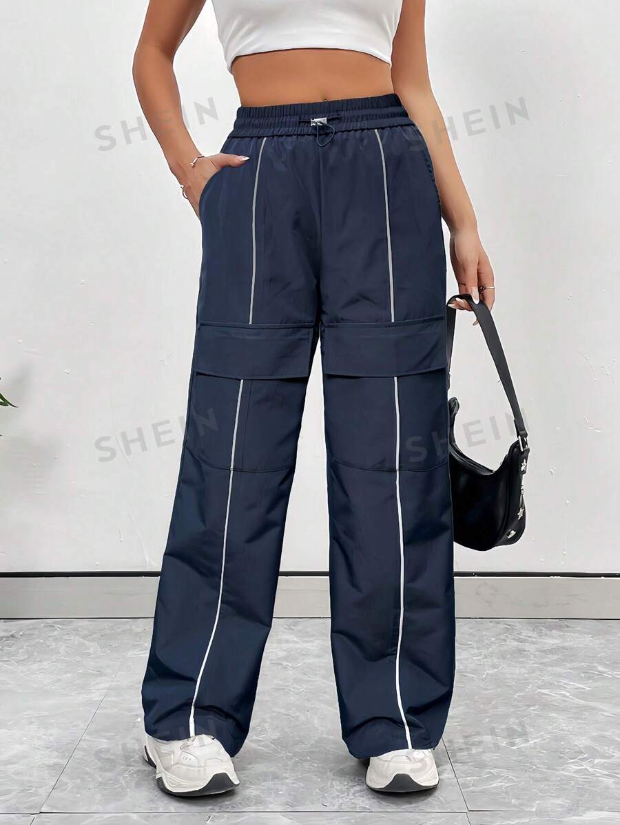 Flirla Pantalones rectos informales para mujeres con borde fluorescente