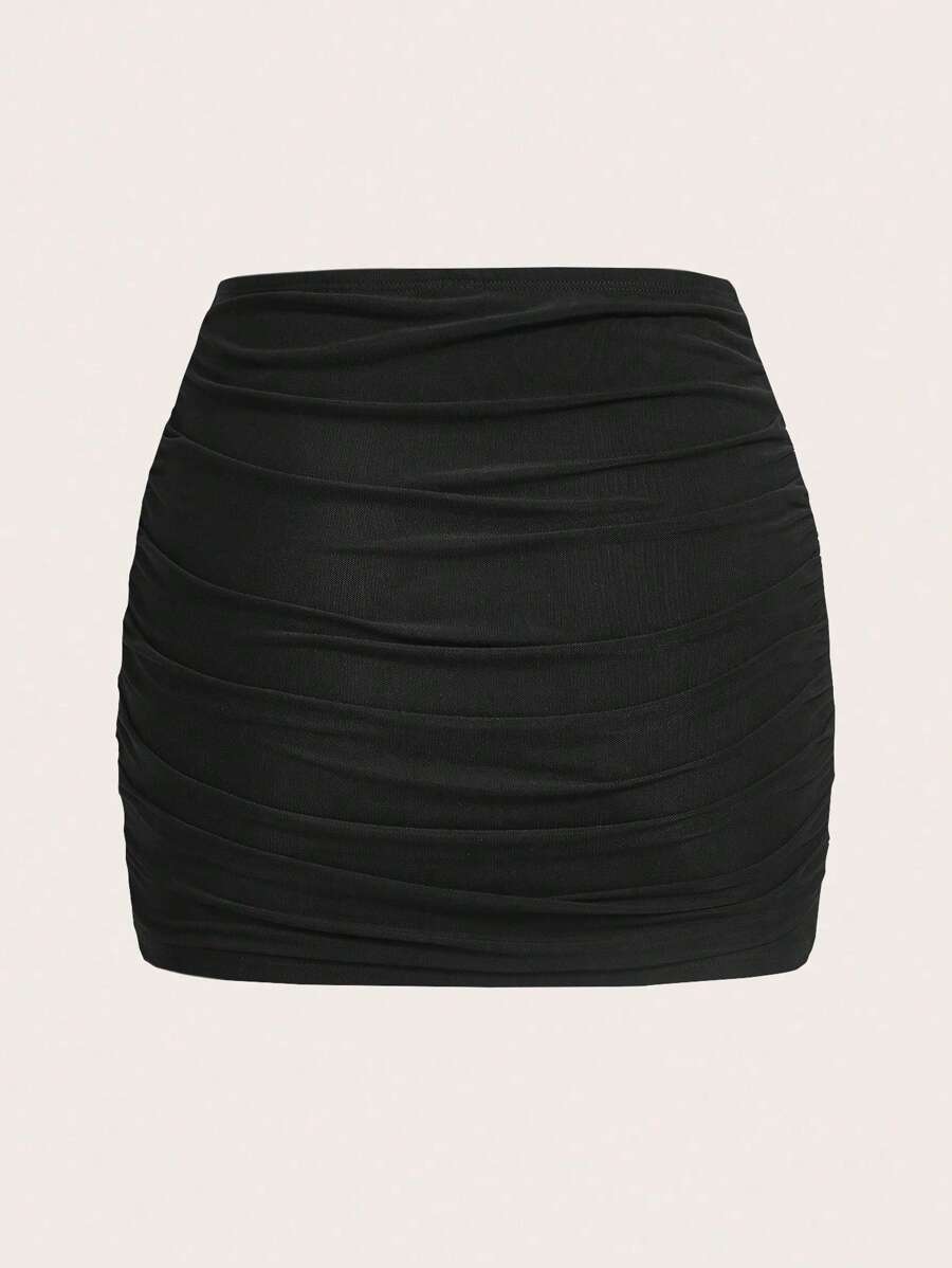 SHEIN EZwear Falda ajustado de punto fruncida de talla grande negra para mujer