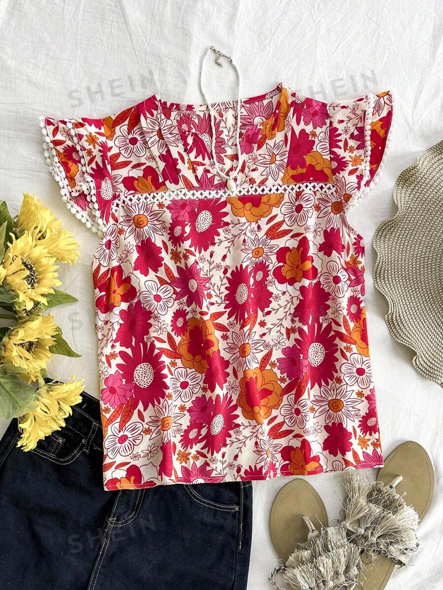 Soleia Blusa de manga corta con estampado floral para vacaciones de verano de mujer con cuello en V entallado y mangas con solapa