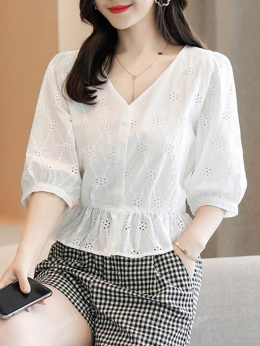 Summer Casual White Hollow Out Embroidered Lantern Sleeve Blouse
