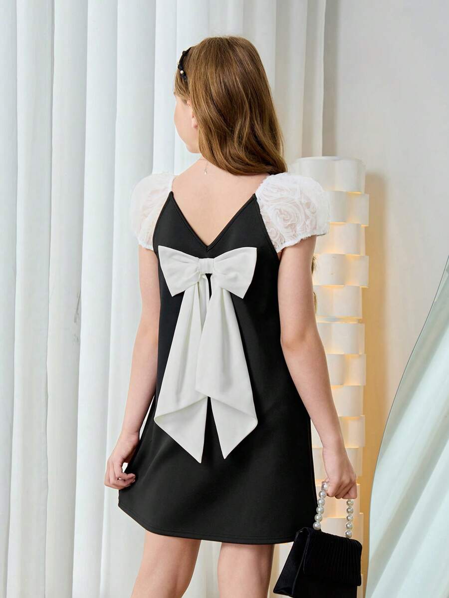 Tween Girl Loose Elegant Color-Block Puff Sleeve Dress With Back Bow Decoration
