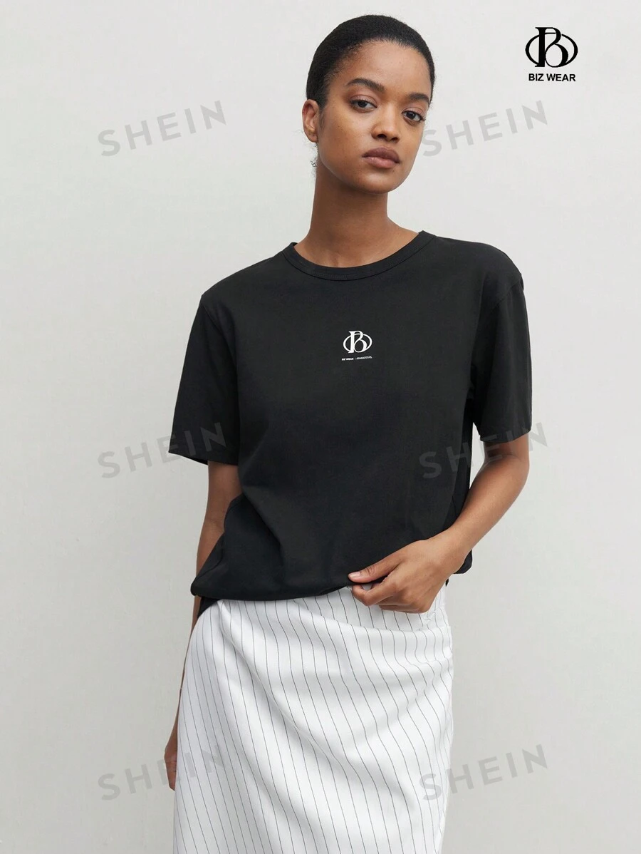 Blusa casual para oficina de mujer con cuello redondo, manga corta y estampado de letras, ropa de oficina de verano