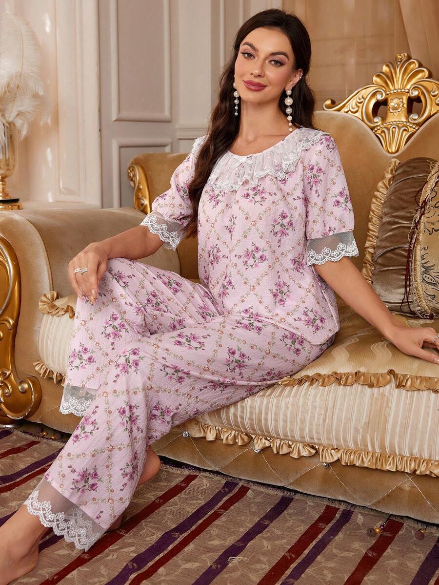 PalaceNights Women's Round Neck Random Printed Lace Decorated Pajama Set