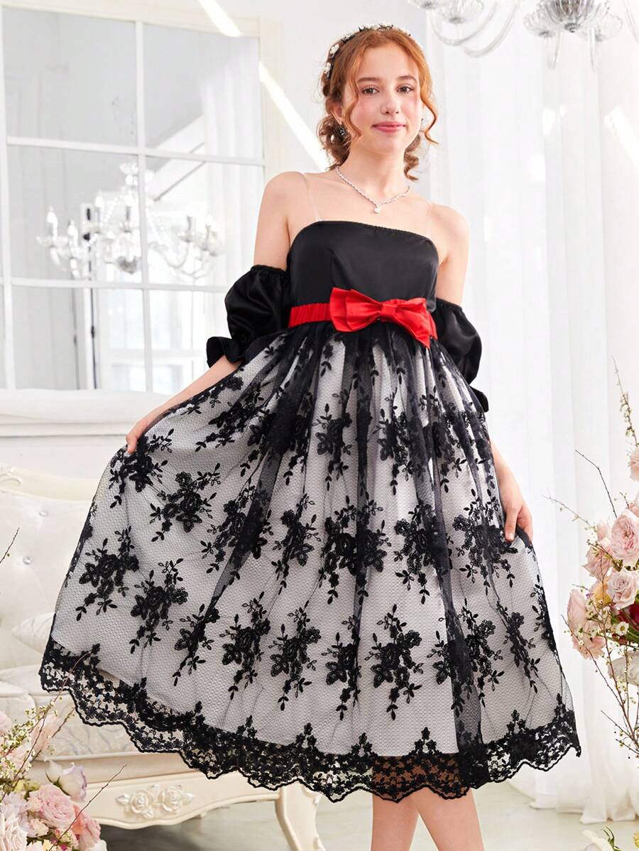 SHEIN Teen Girl Elegant Black And White Contrast With Red Bow Belt Sheer Embroidery Knit Strap Dress