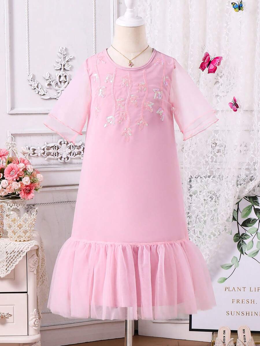 SHEIN Young Girl's Style Pink Mesh & Sequin Dress For Eid Al-Adha, Summer