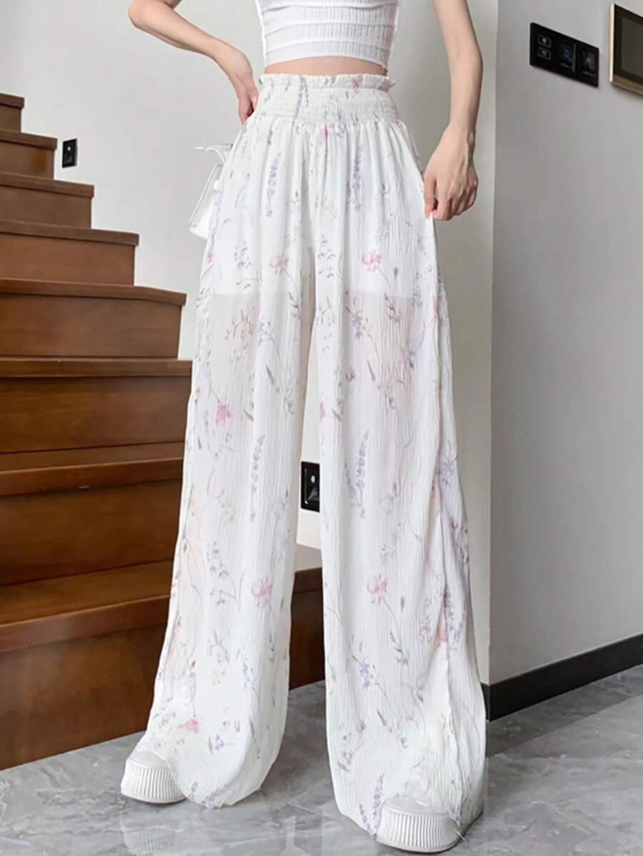 SHEIN Privé Women's Summer Elegant, Floral Printed, Pleated High Waisted Long Pants, Perfect For Daily Wearing, Vacation, Party, Music Festival And Ins