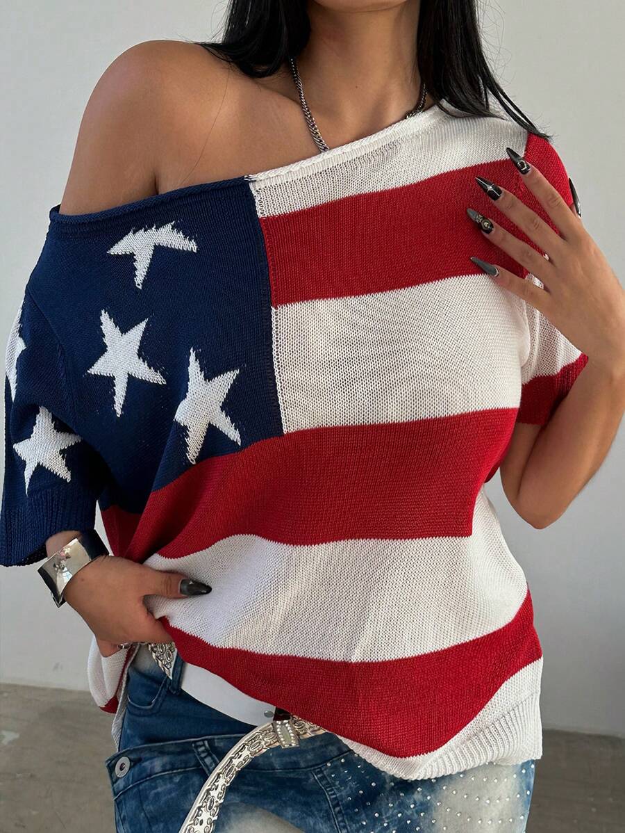 POPSWAY Plus Size Spring/Summer Fashionable Color-Block Asymmetrical Collar American Flag Pattern Batwing Sleeve Knitted Top