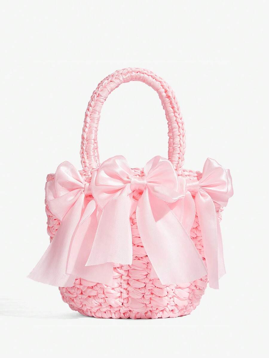 SHEIN ICON LADIES,WOMEN TOP HANDLE BAG,WOVEN BAG, FOR DATE,BIRTHDAY,DATE NIGHT,PARTY,FUNNY,PREPPY,CUTE,Y2K, Fashionable, Personality, Sweet And Cool Hot Girl, Bow Tie, Pink,Hand Crochet,Teenagers