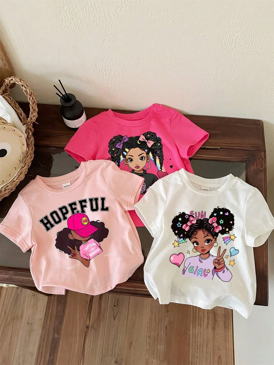 SHEIN 3 pièces T-shirts graphiques décontractés à manches courtes et col rond pour bébés filles, blanc + rose clair + rose, convient pour l'été